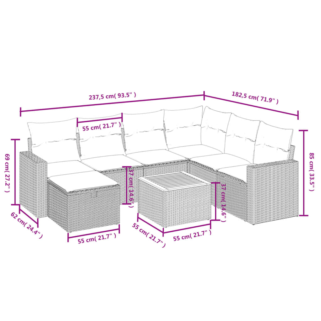 8-delige Loungeset met kussens poly rattan grijs