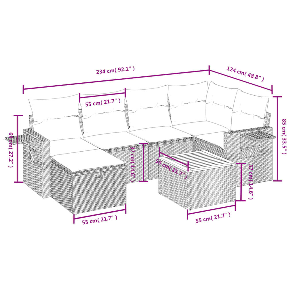 7-delige Loungeset met kussens poly rattan grijs is nu te koop bij PeponiXL, paradijselijk wonen!