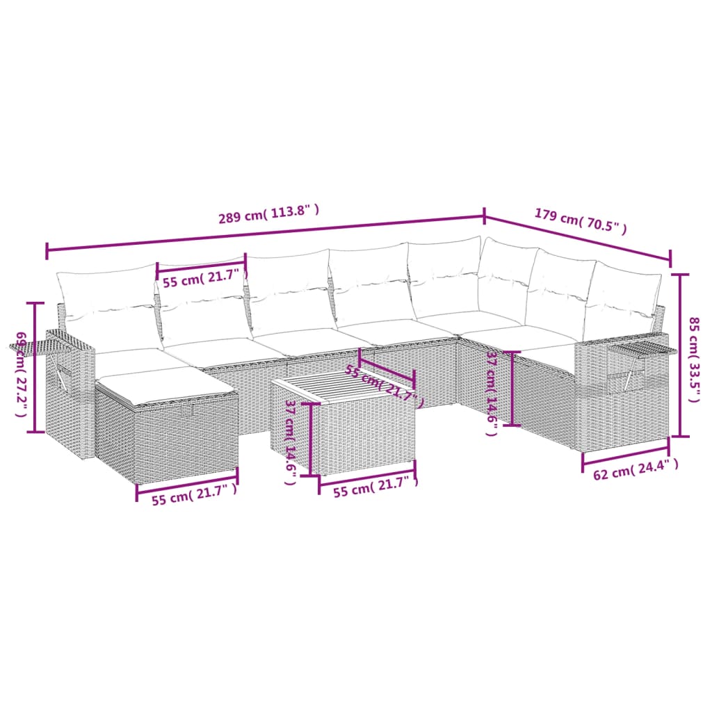 9-delige Loungeset met kussens poly rattan grijs is nu te koop bij PeponiXL, paradijselijk wonen!