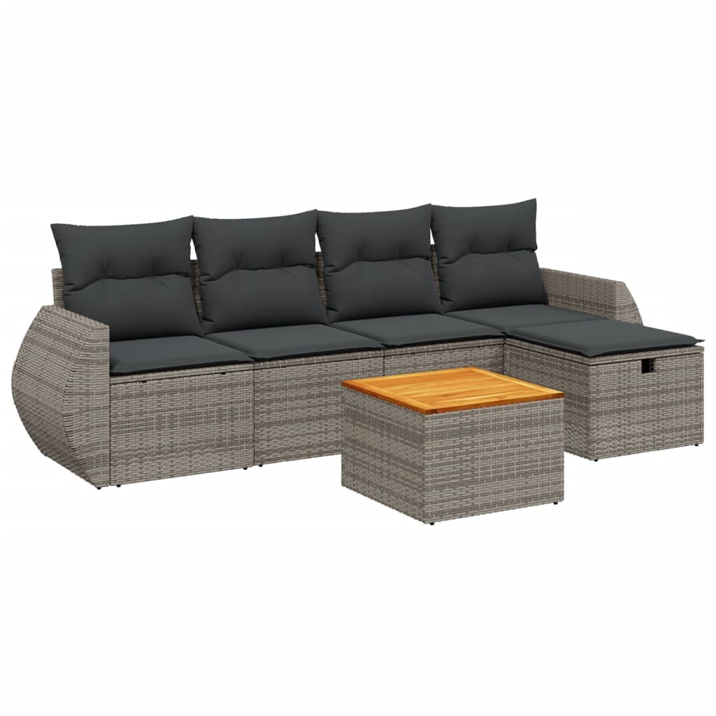 6-delige Loungeset met kussens poly rattan grijs