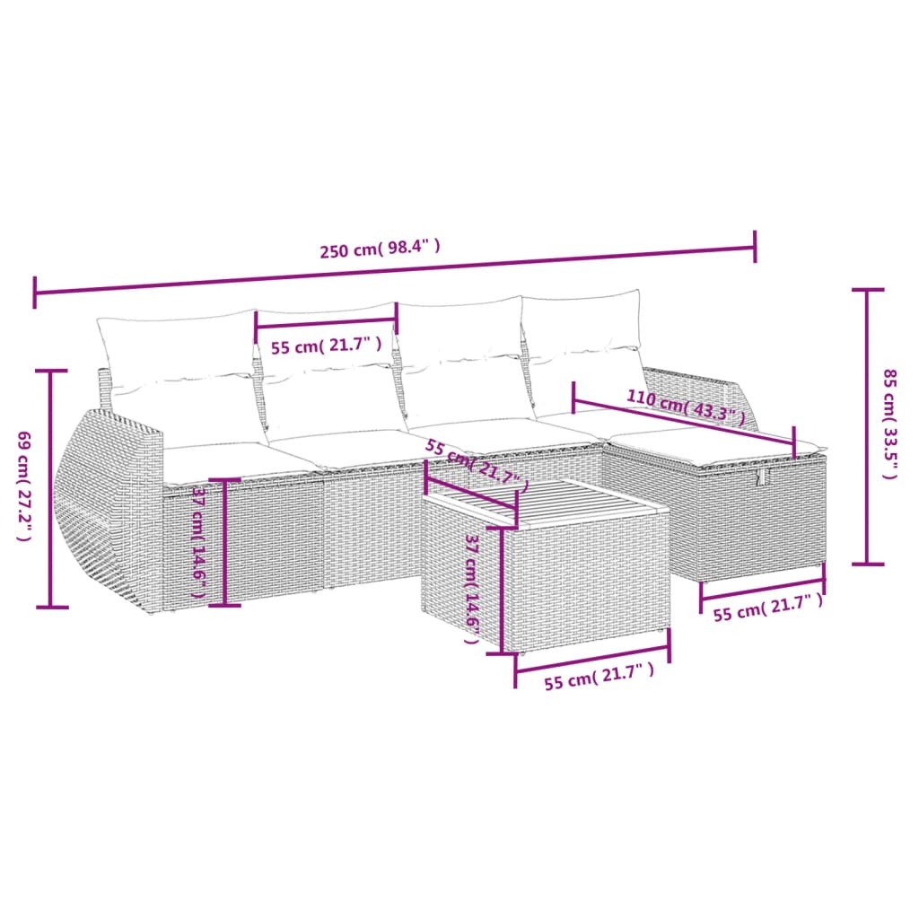 6-delige Loungeset met kussens poly rattan grijs