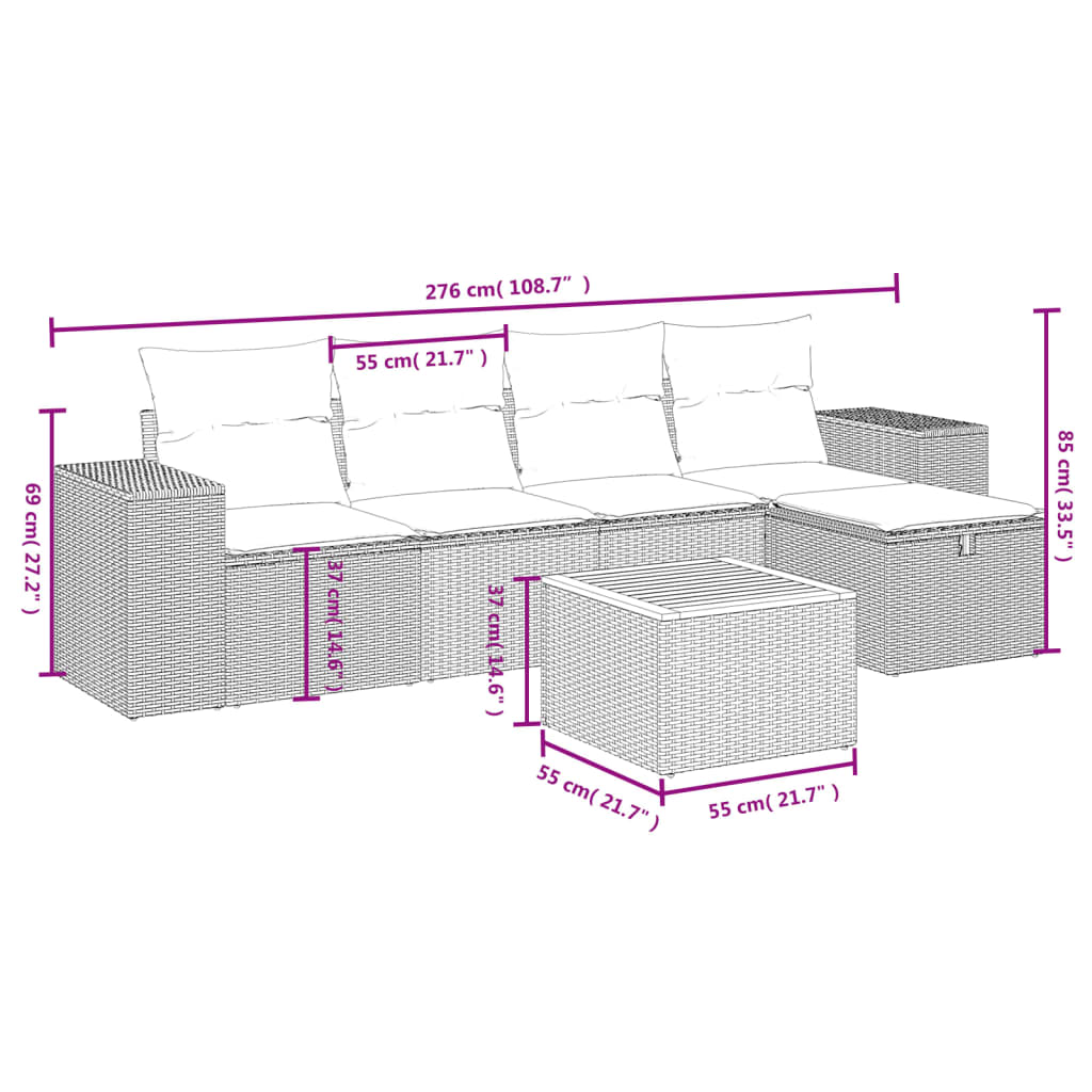 6-delige Loungeset met kussens poly rattan grijs