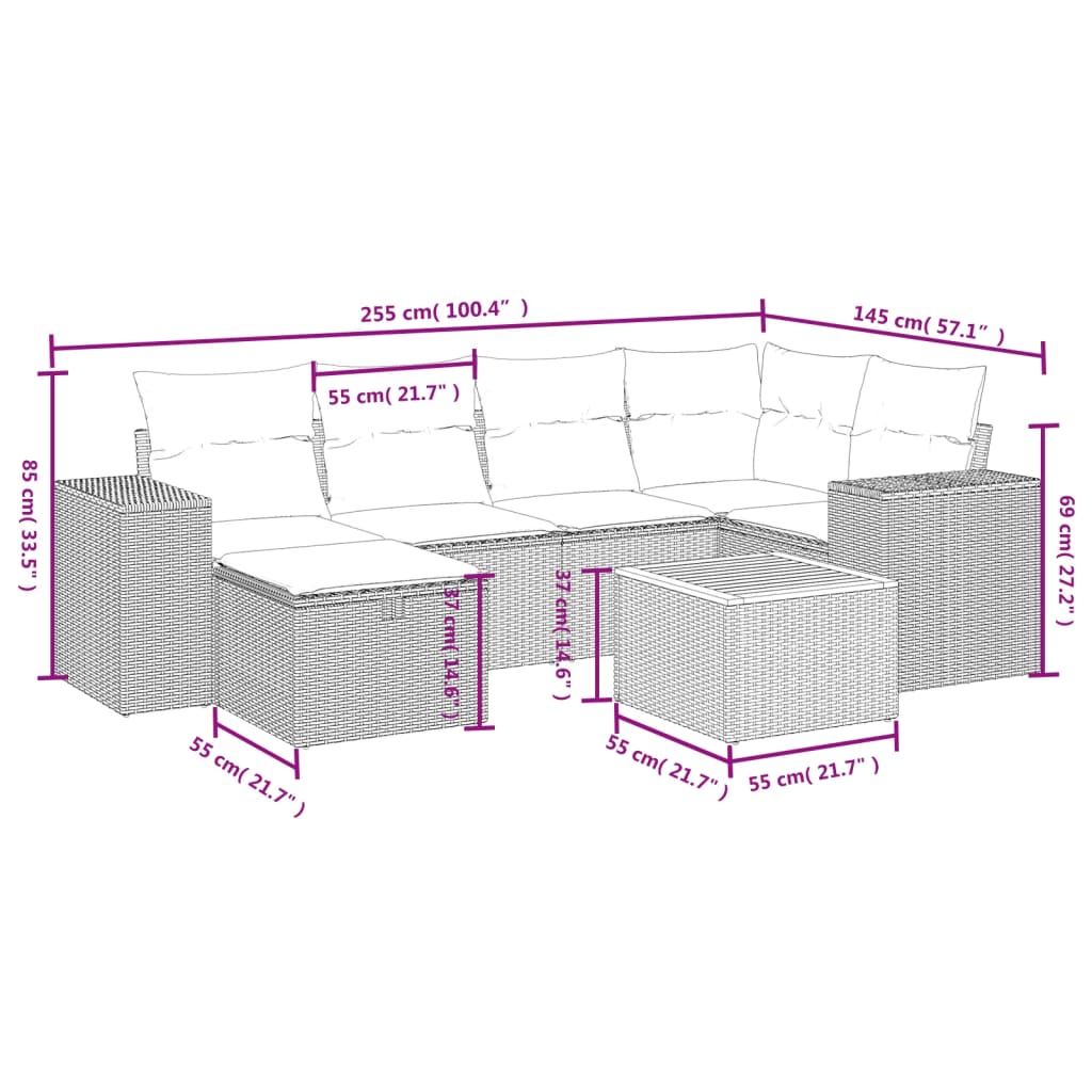 7-delige Loungeset met kussens poly rattan gemengd beige