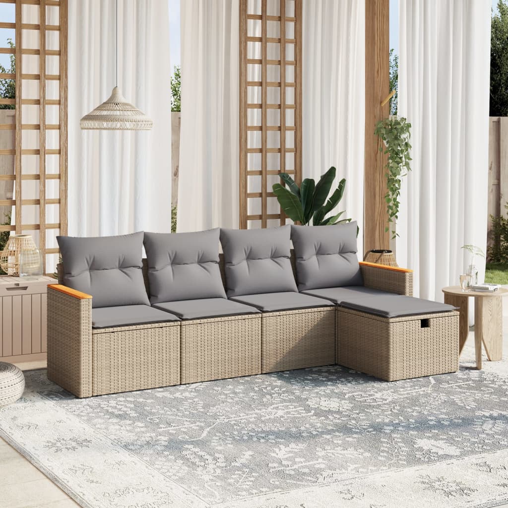 5-delige Loungeset met kussens poly rattan gemengd beige