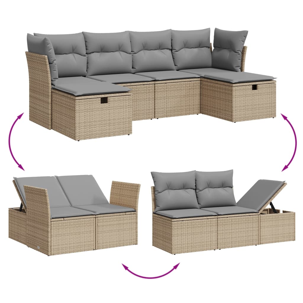 6-delige Loungeset met kussens poly rattan gemengd beige