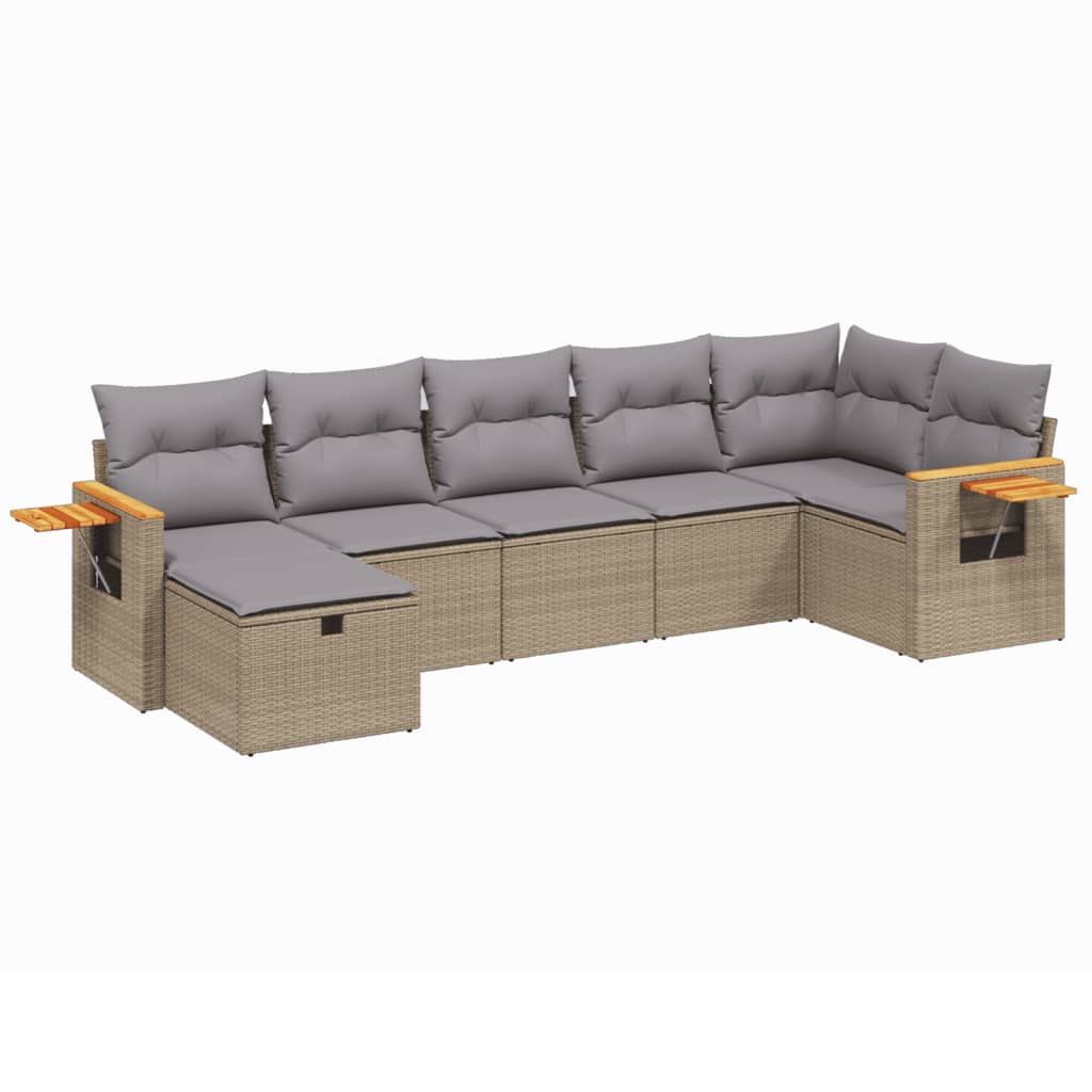 7-delige Loungeset met kussens poly rattan beige