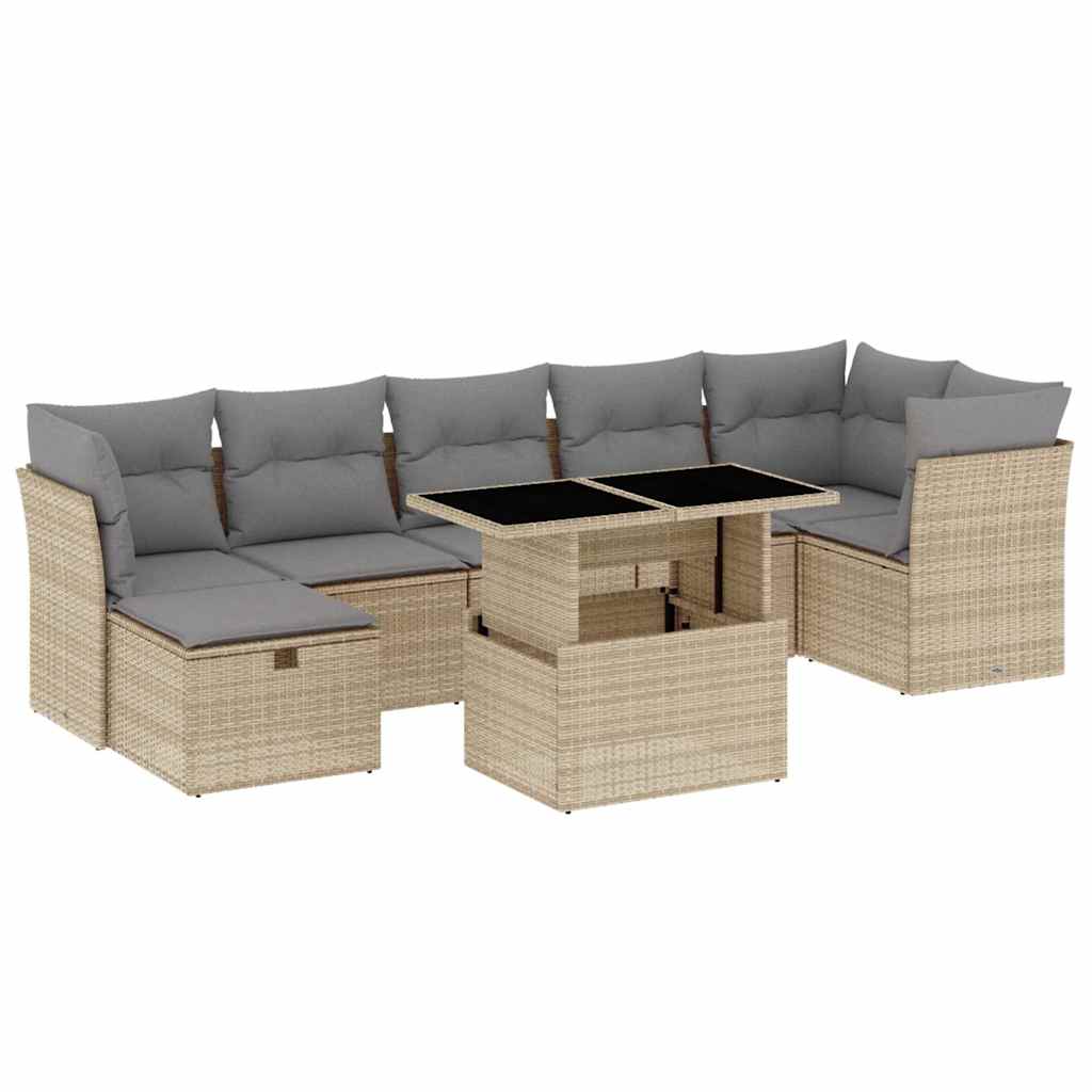 8-delige Loungeset met kussens poly rattan beige
