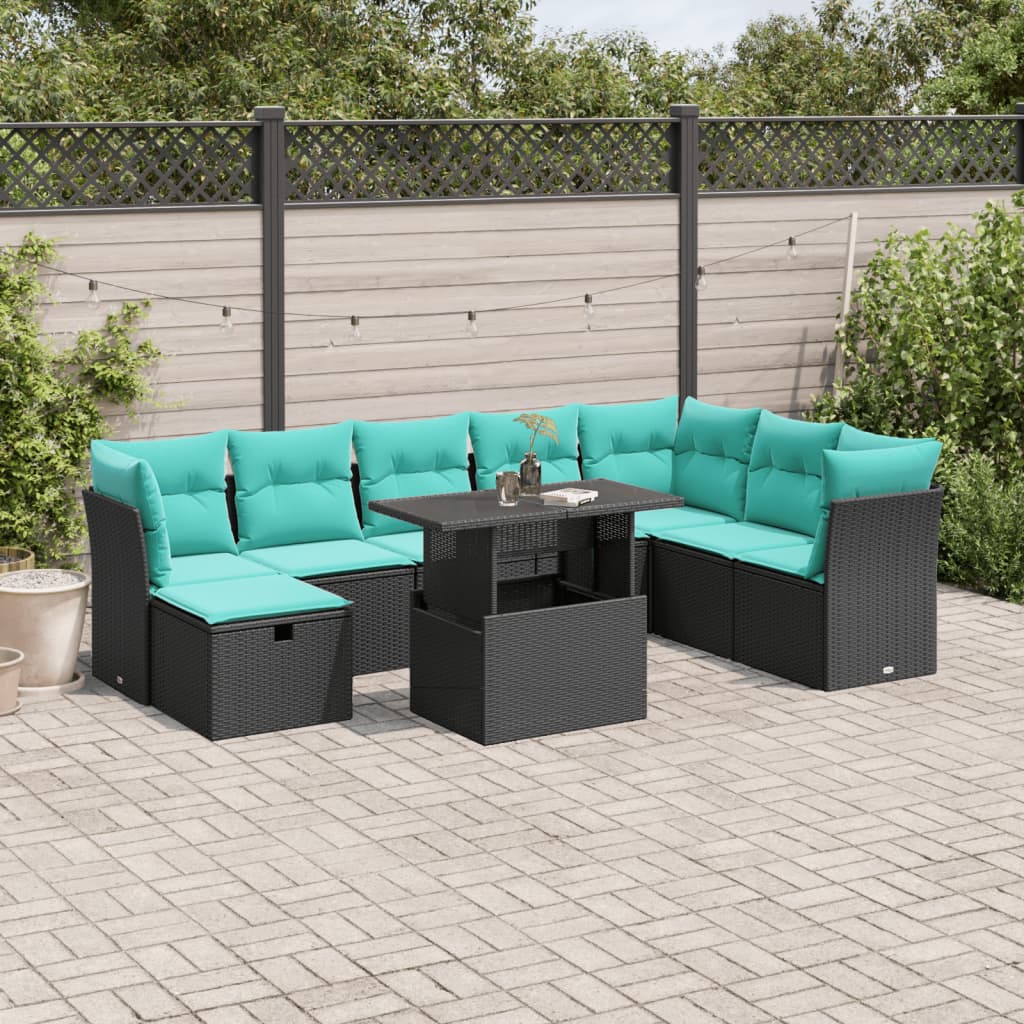 9-delige tuinbankset met kussens van zwart polyrotan is nu te koop bij PeponiXL, paradijselijk wonen!