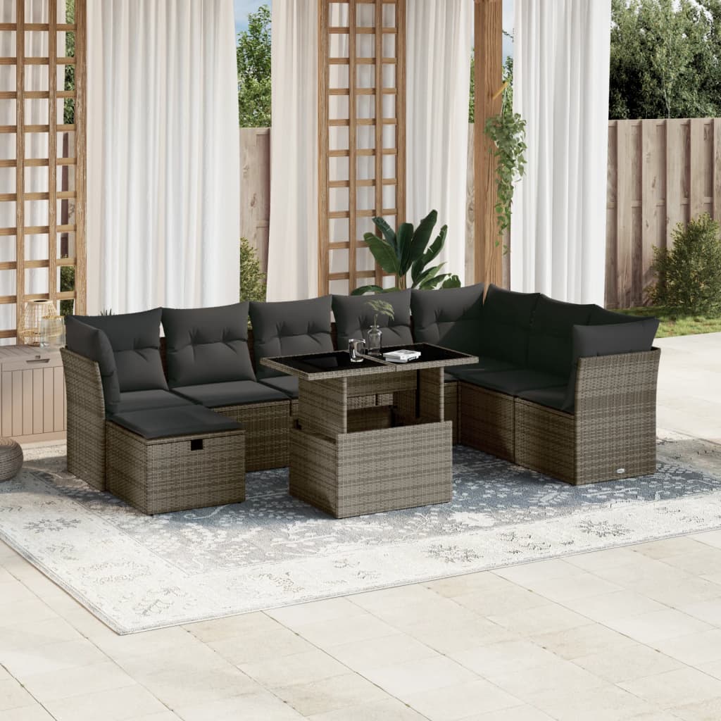 9-delige Loungeset met kussens poly rattan grijs is nu te koop bij PeponiXL, paradijselijk wonen!
