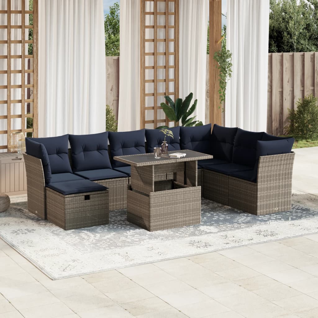 9-delige tuinbankset met kussens, grijs polyrotan is nu te koop bij PeponiXL, paradijselijk wonen!