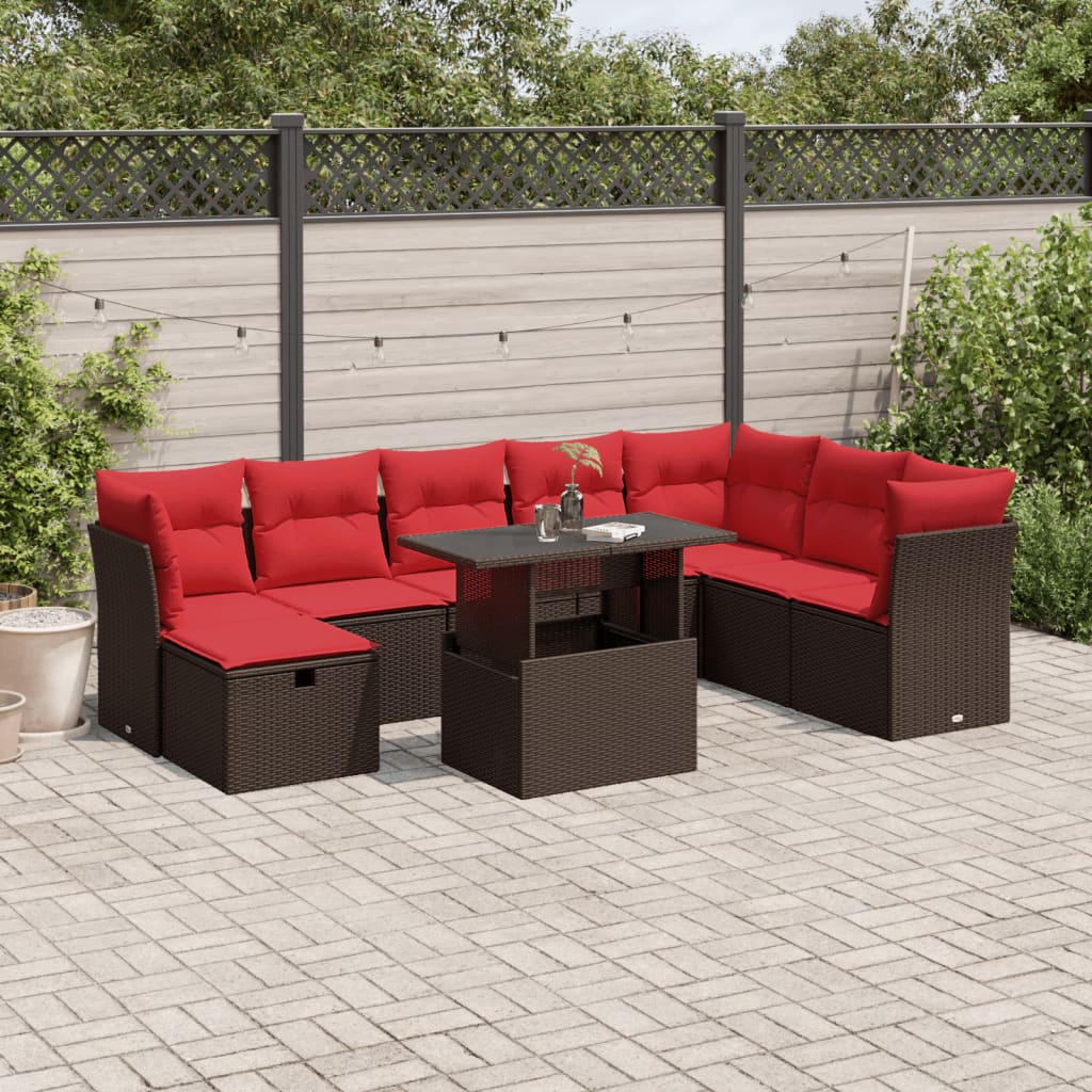 9-delige tuinbankset met kussens, bruin polyrotan is nu te koop bij PeponiXL, paradijselijk wonen!