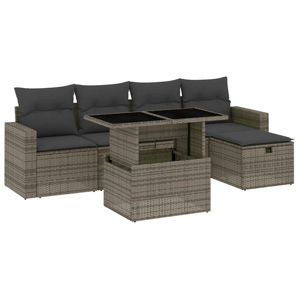 6-delige Loungeset met kussens poly rattan grijs