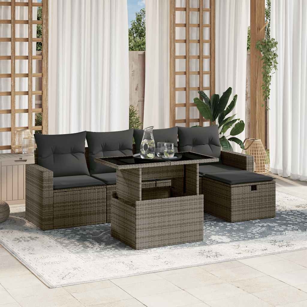 6-delige Loungeset met kussens poly rattan grijs
