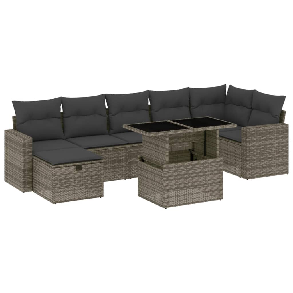 8-delige Loungeset met kussens poly rattan grijs