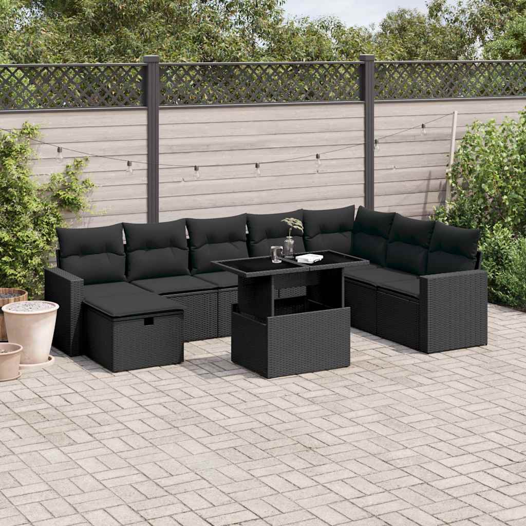 9-delige Loungeset met kussens poly rattan zwart is nu te koop bij PeponiXL, paradijselijk wonen!