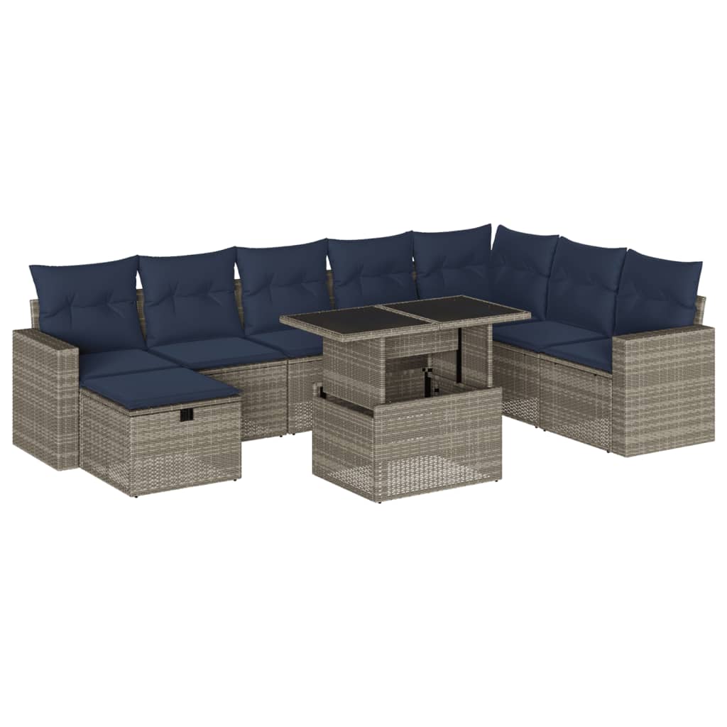 9-delige tuinbankset met kussens, grijs polyrotan is nu te koop bij PeponiXL, paradijselijk wonen!