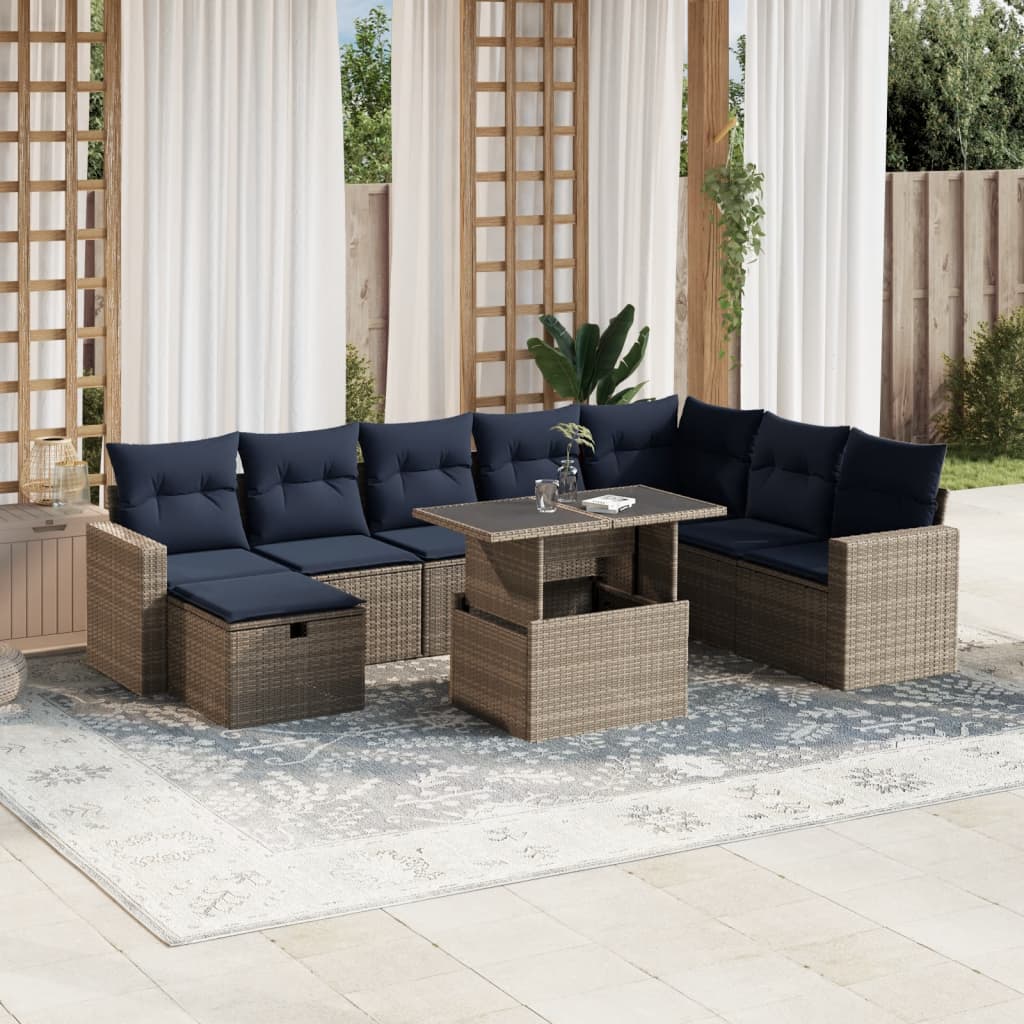9-delige tuinbankset met kussens, grijs polyrotan is nu te koop bij PeponiXL, paradijselijk wonen!
