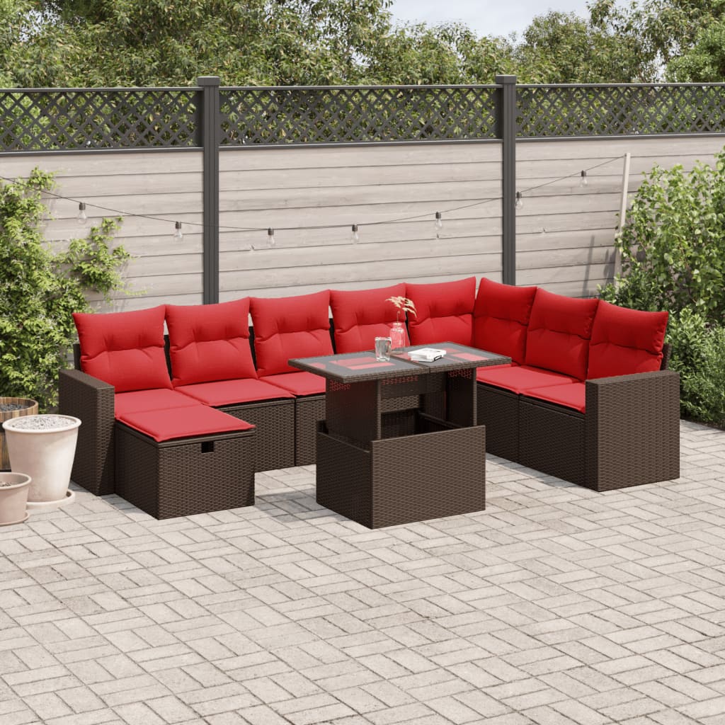 9-delige tuinbankset met kussens, bruin polyrotan is nu te koop bij PeponiXL, paradijselijk wonen!