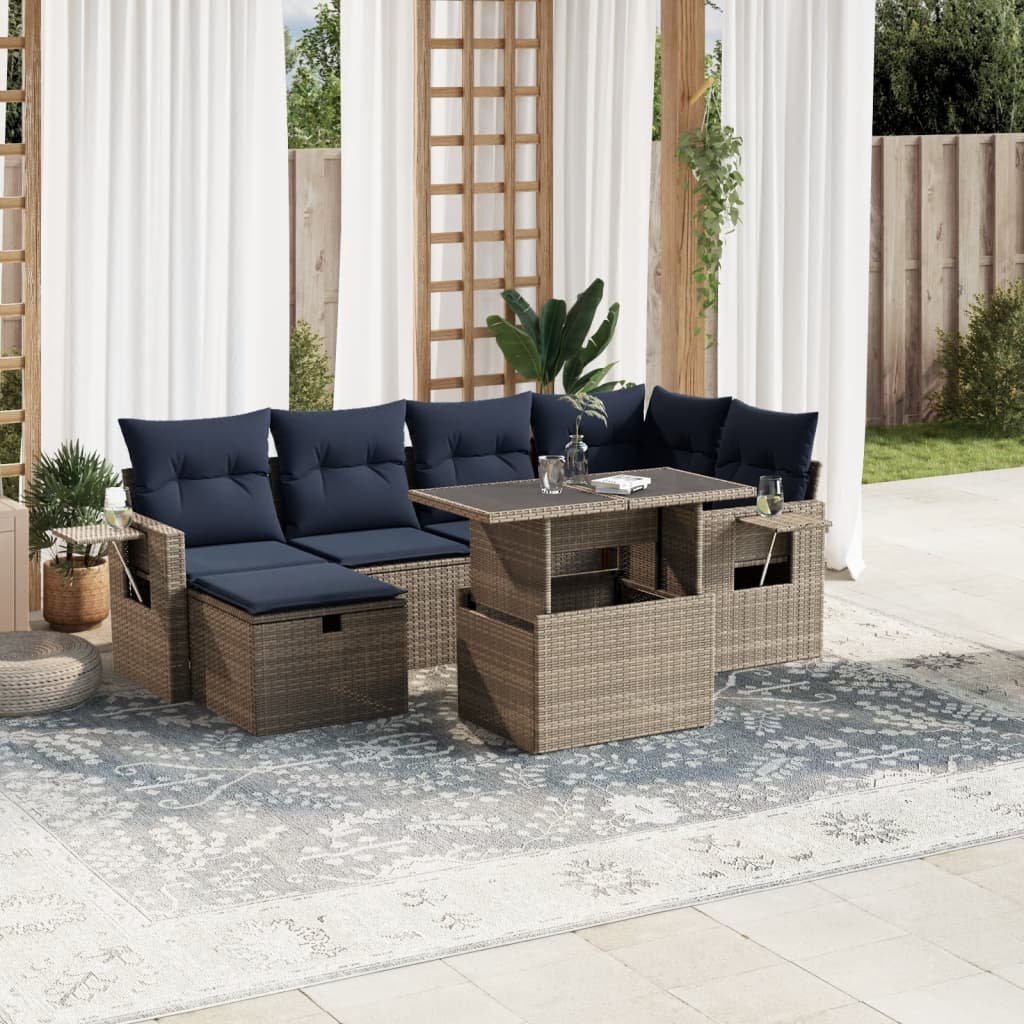 7-delige tuinbankset met kussens, grijs polyrotan is nu te koop bij PeponiXL, paradijselijk wonen!