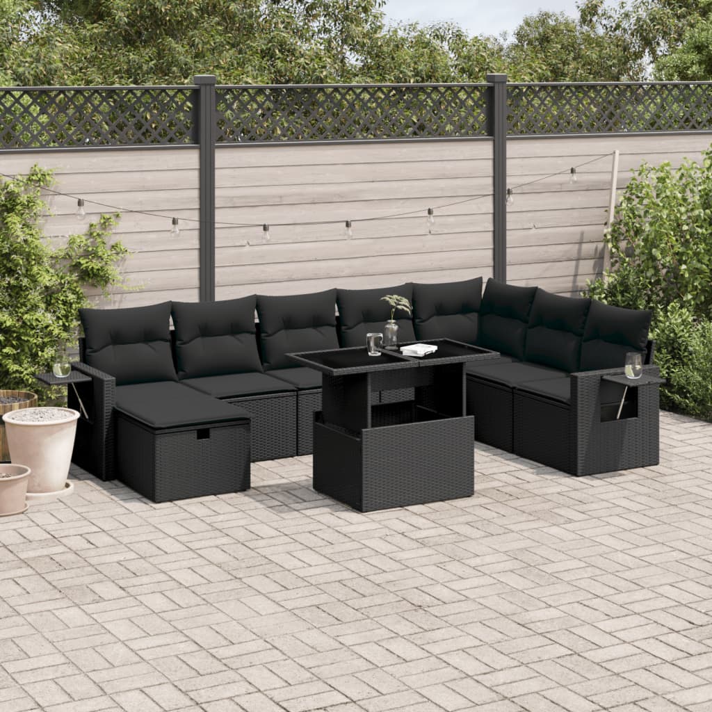 9-delige Loungeset met kussens poly rattan zwart is nu te koop bij PeponiXL, paradijselijk wonen!