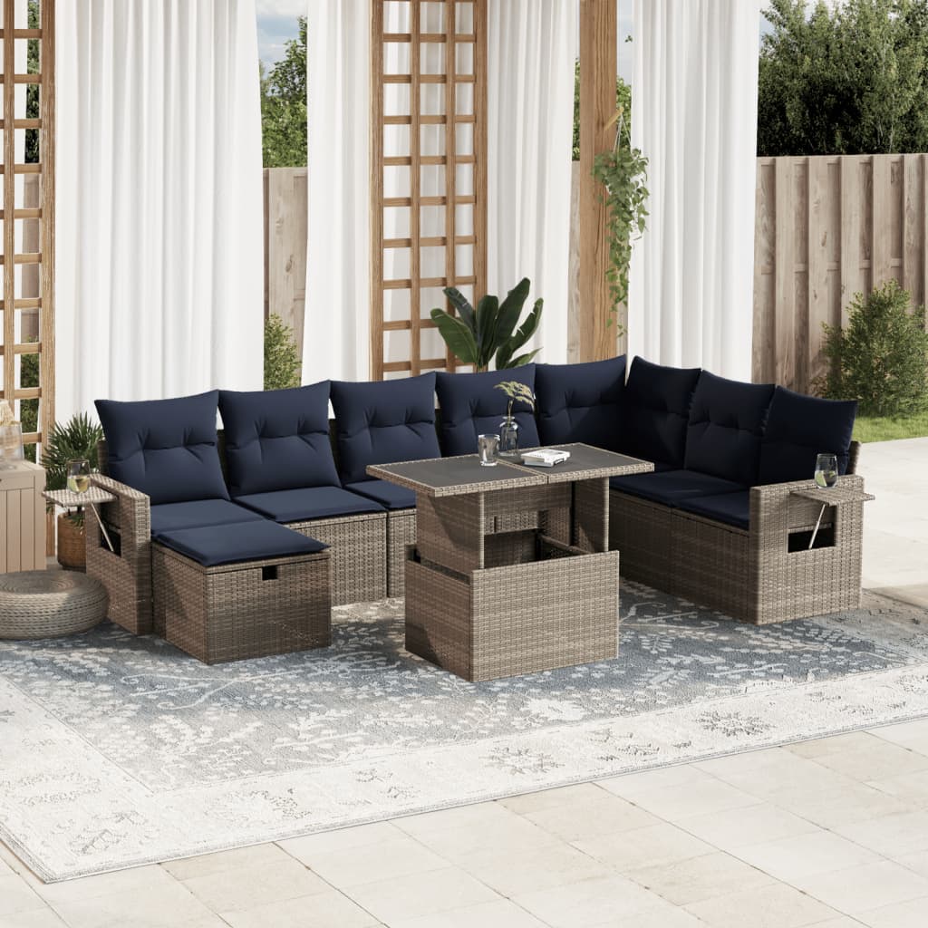 9-delige tuinbankset met kussens, grijs polyrotan is nu te koop bij PeponiXL, paradijselijk wonen!