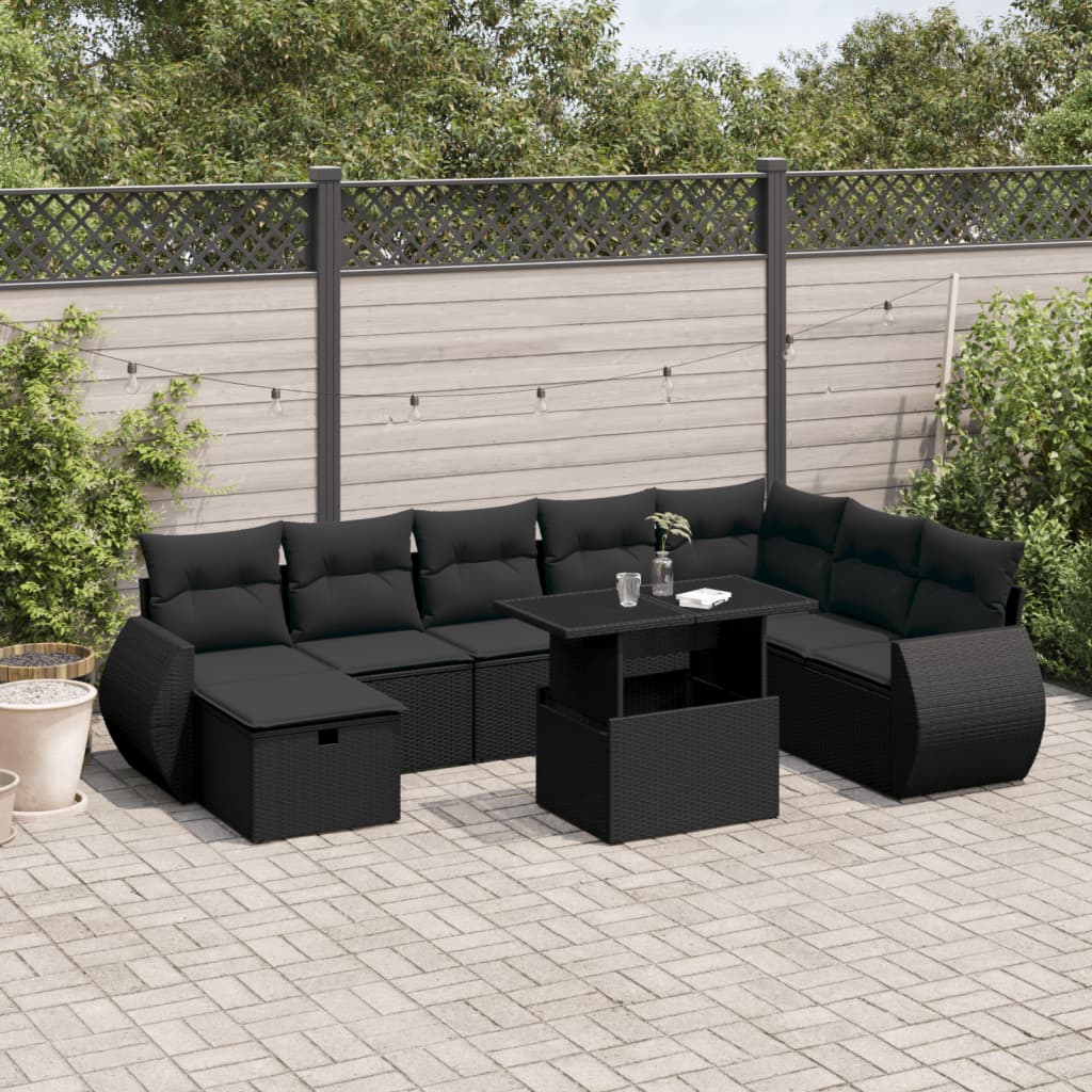 9-delige Loungeset met kussens poly rattan zwart is nu te koop bij PeponiXL, paradijselijk wonen!