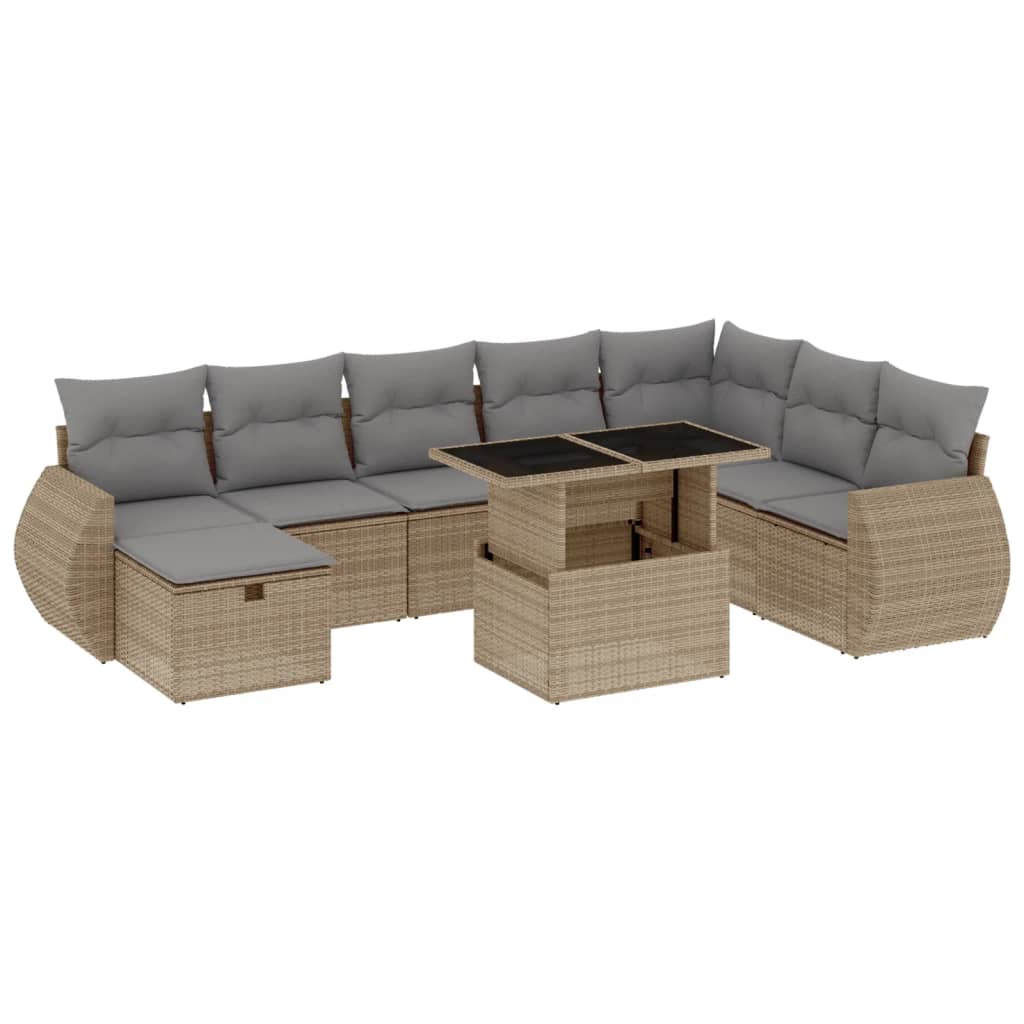 9-delige Loungeset met kussens poly rattan beige