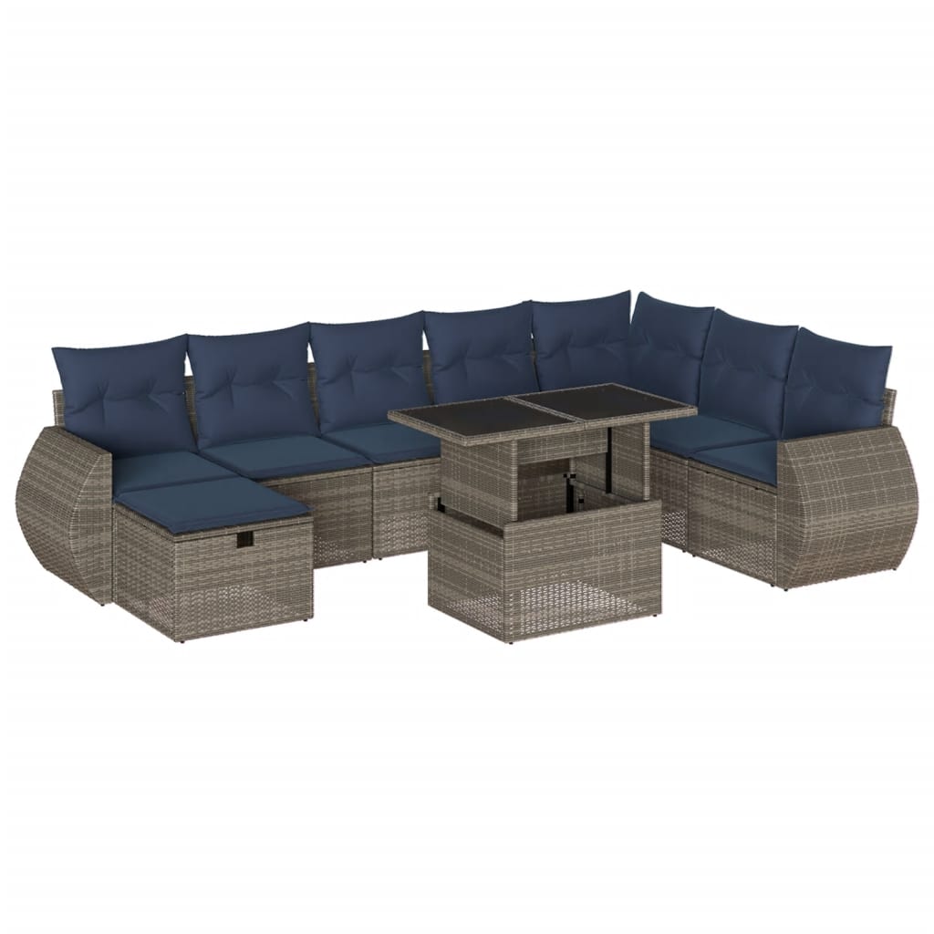 9-delige tuinbankset met kussens, grijs polyrotan is nu te koop bij PeponiXL, paradijselijk wonen!