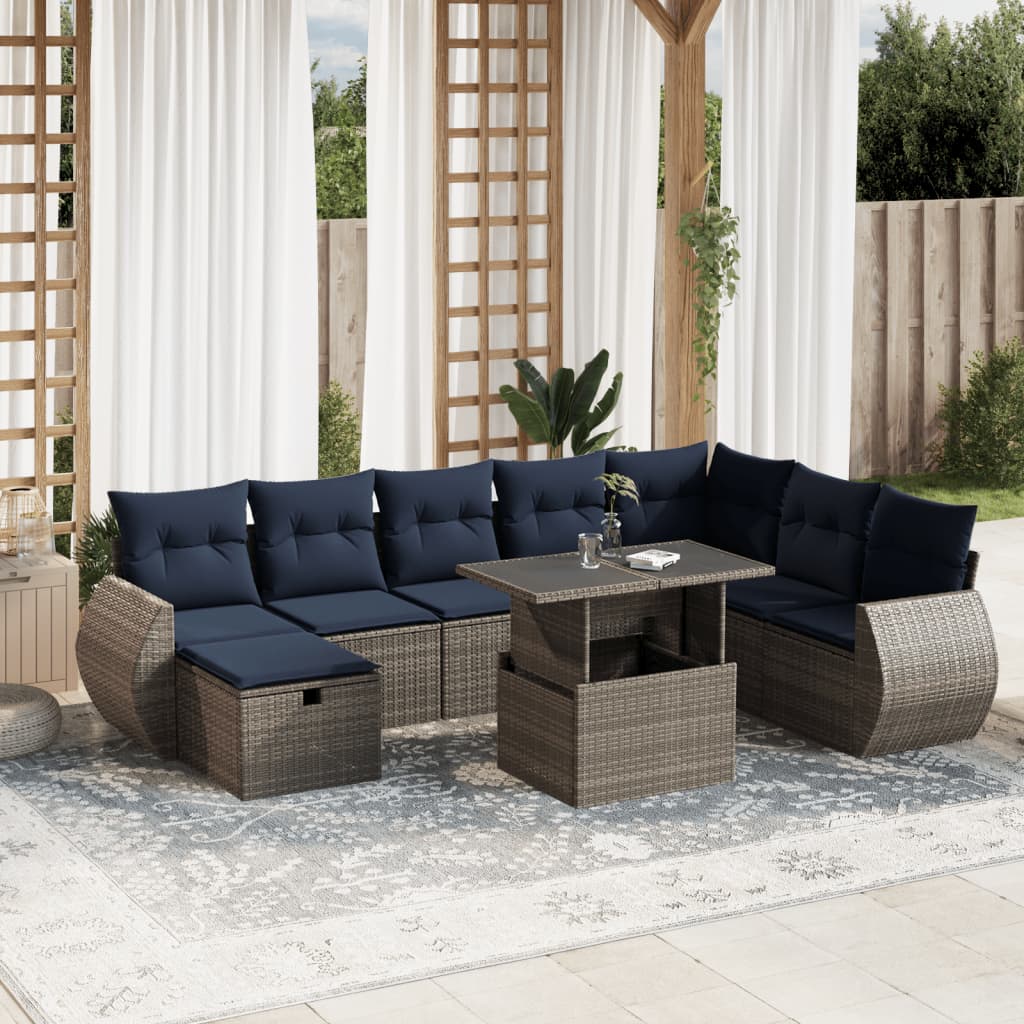 9-delige tuinbankset met kussens, grijs polyrotan is nu te koop bij PeponiXL, paradijselijk wonen!