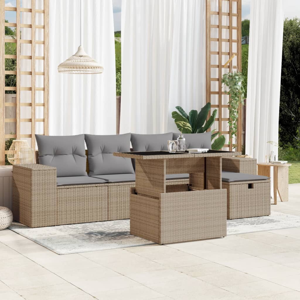 6-delige Loungeset met kussens poly rattan beige