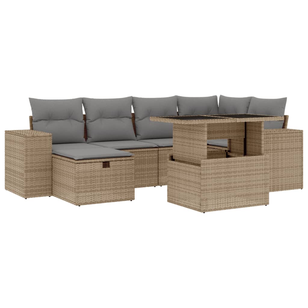 7-delige Loungeset met kussens poly rattan beige