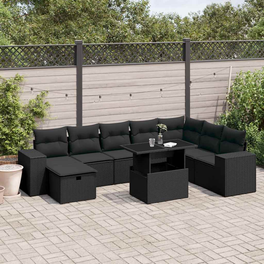 9-delige Loungeset met kussens poly rattan zwart is nu te koop bij PeponiXL, paradijselijk wonen!