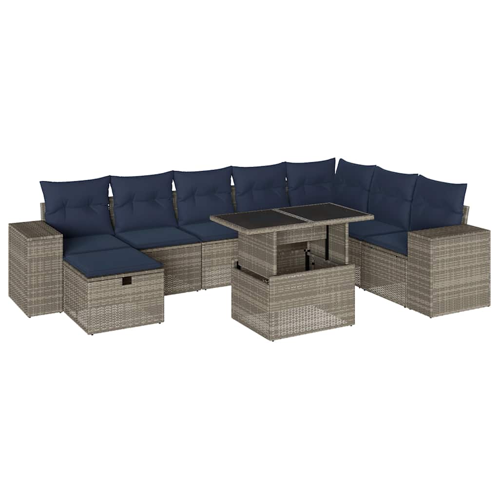 9-delige tuinbankset met kussens, grijs polyrotan is nu te koop bij PeponiXL, paradijselijk wonen!