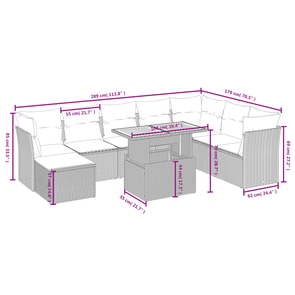 9-delige Loungeset met kussens poly rattan grijs is nu te koop bij PeponiXL, paradijselijk wonen!