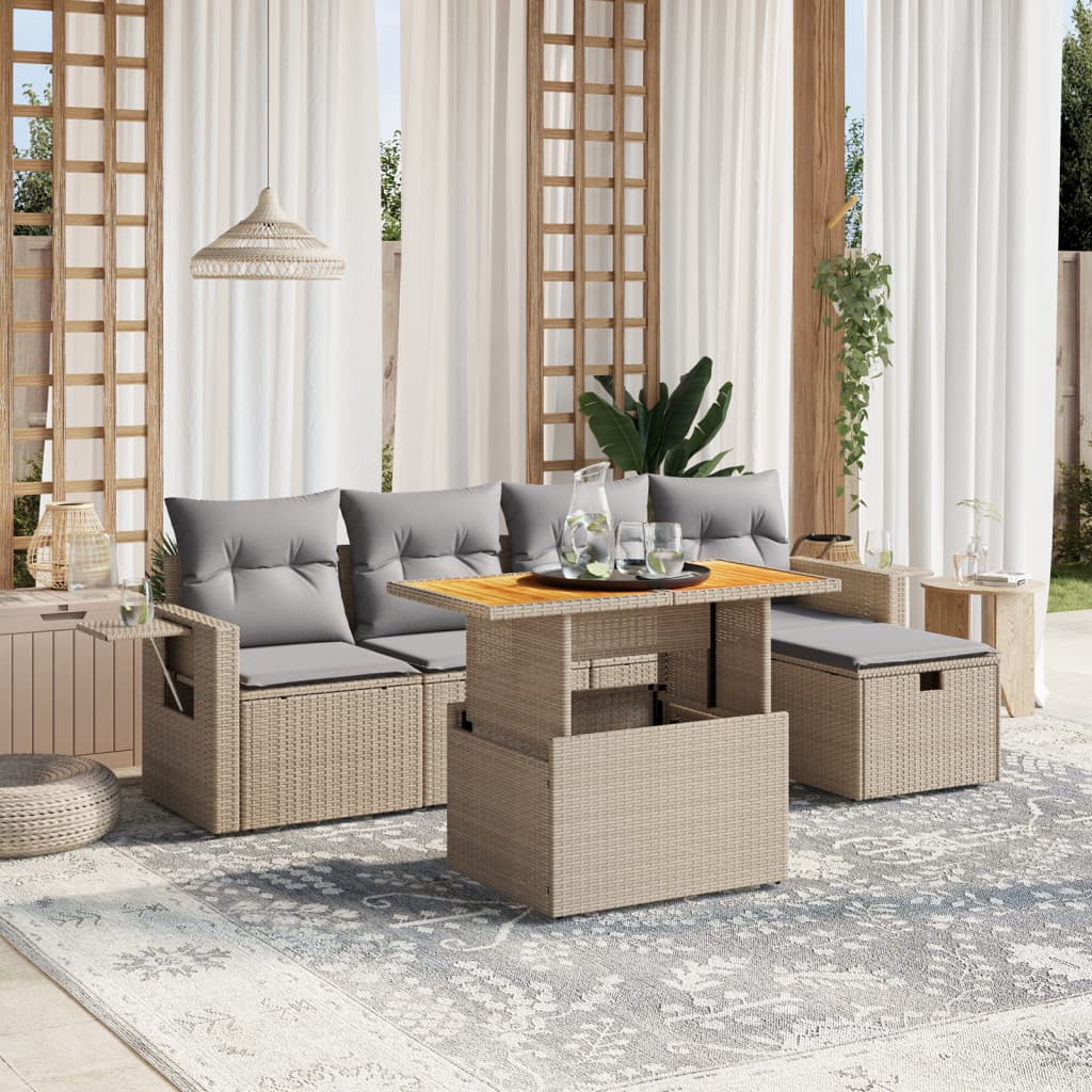6-delige Loungeset met kussens poly rattan beige
