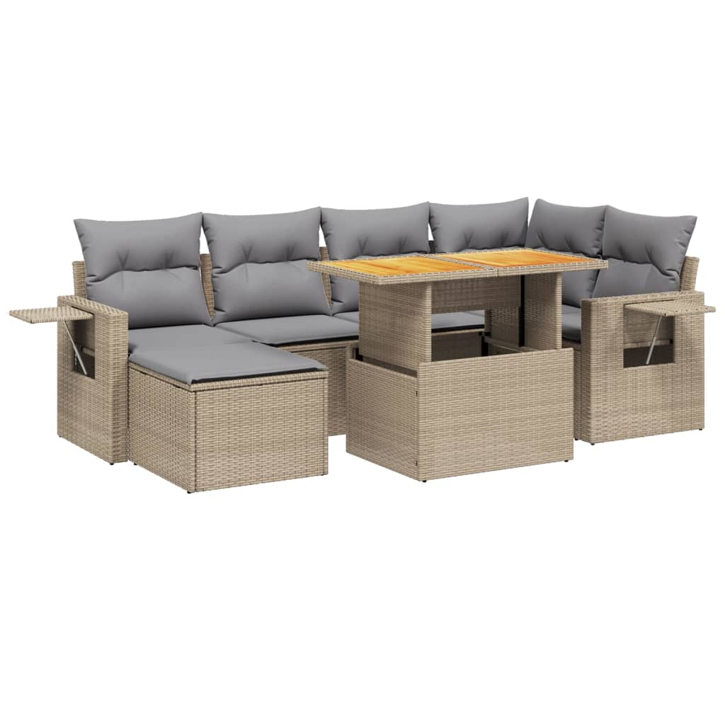 7-delige Loungeset met kussens poly rattan beige