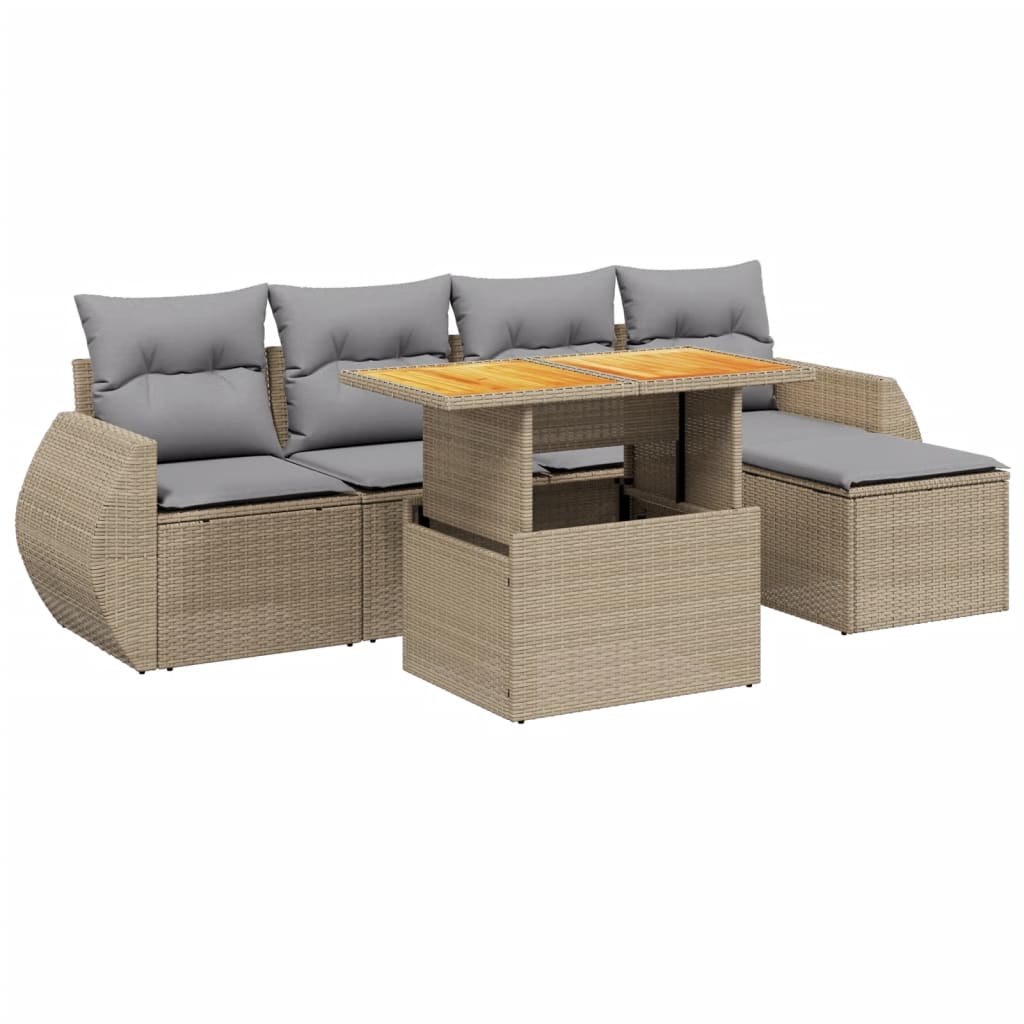 6-delige Loungeset met kussens poly rattan beige