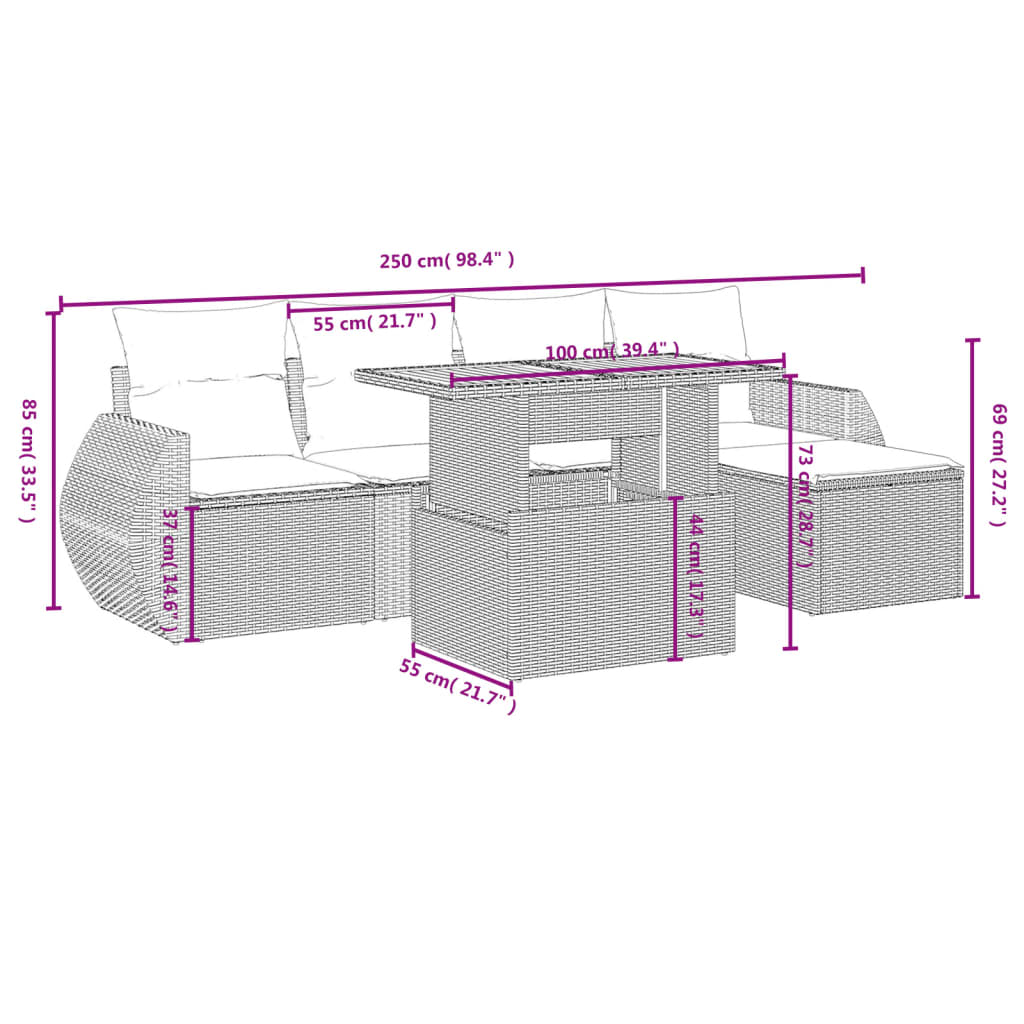 6-delige Loungeset met kussens poly rattan grijs