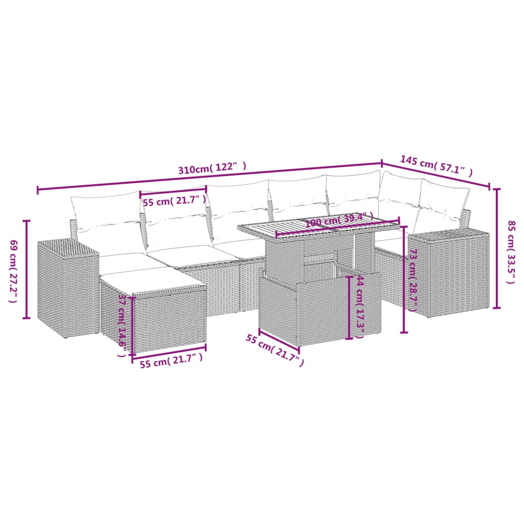 8-delige Loungeset met kussens poly rattan grijs is nu te koop bij PeponiXL, paradijselijk wonen!
