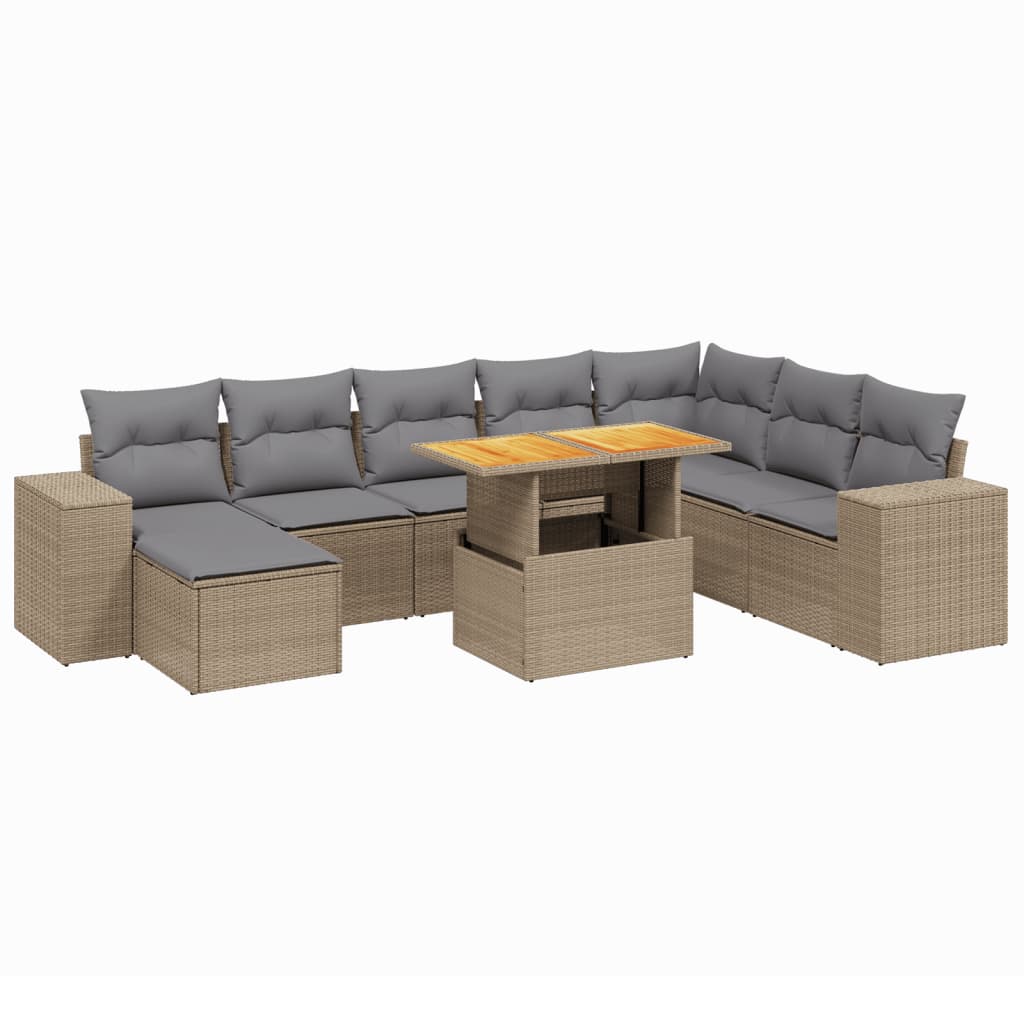 9-delige Loungeset met kussens poly rattan beige