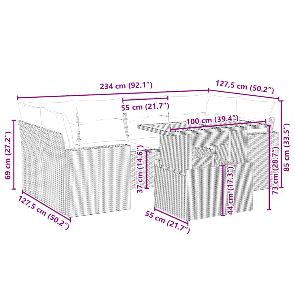7-delige Loungeset met kussens poly rattan beige