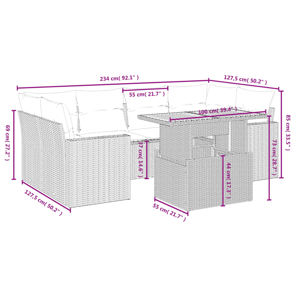 7-delige Loungeset met kussens poly rattan grijs is nu te koop bij PeponiXL, paradijselijk wonen!
