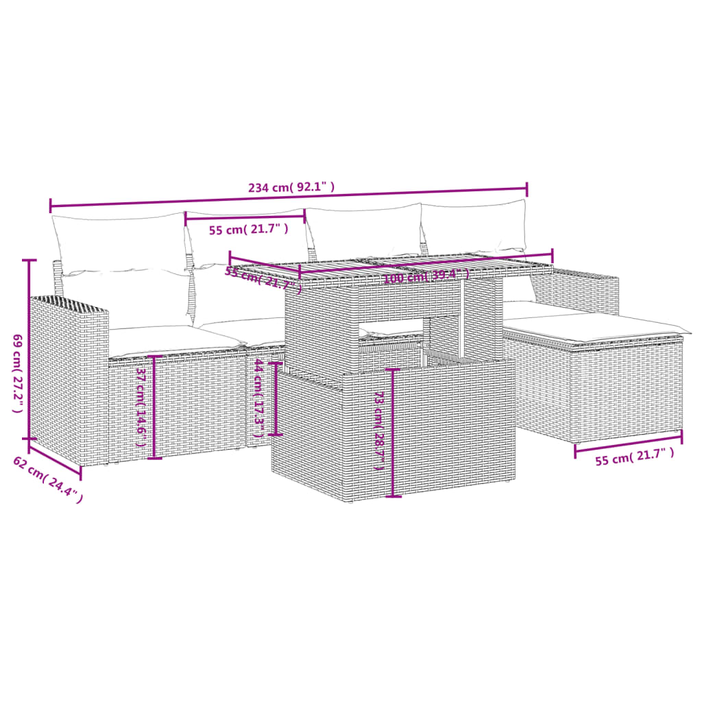 6-delige Loungeset met kussens poly rattan grijs is nu te koop bij PeponiXL, paradijselijk wonen!