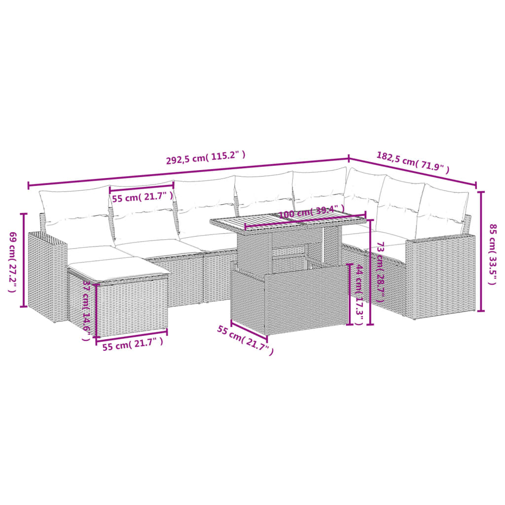 9-delige Loungeset met kussens poly rattan grijs is nu te koop bij PeponiXL, paradijselijk wonen!