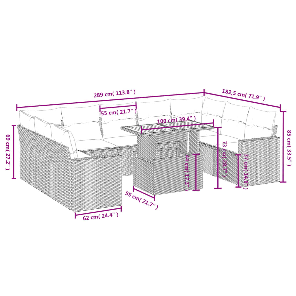 10-delige Loungeset met kussens poly rattan grijs is nu te koop bij PeponiXL, paradijselijk wonen!