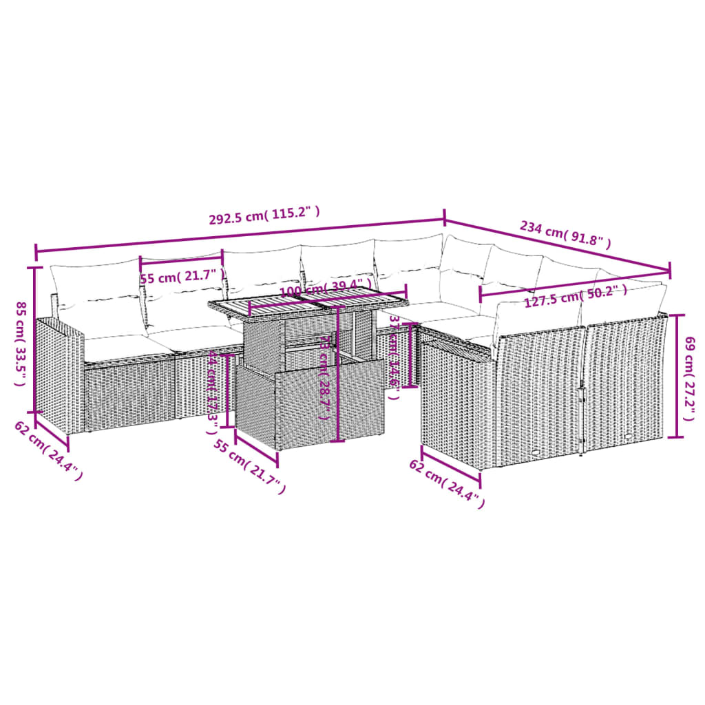 10-delige Loungeset met kussens poly rattan grijs is nu te koop bij PeponiXL, paradijselijk wonen!