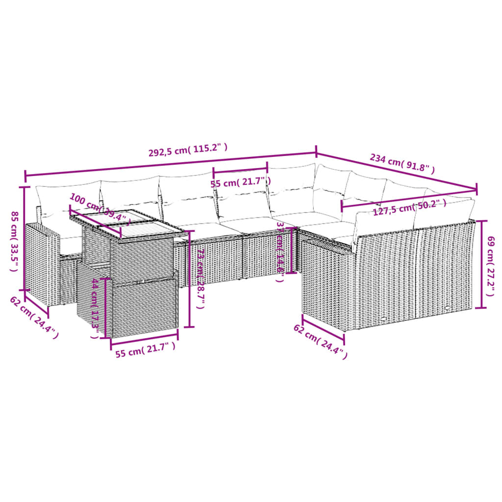 10-delige Loungeset met kussens poly rattan grijs is nu te koop bij PeponiXL, paradijselijk wonen!