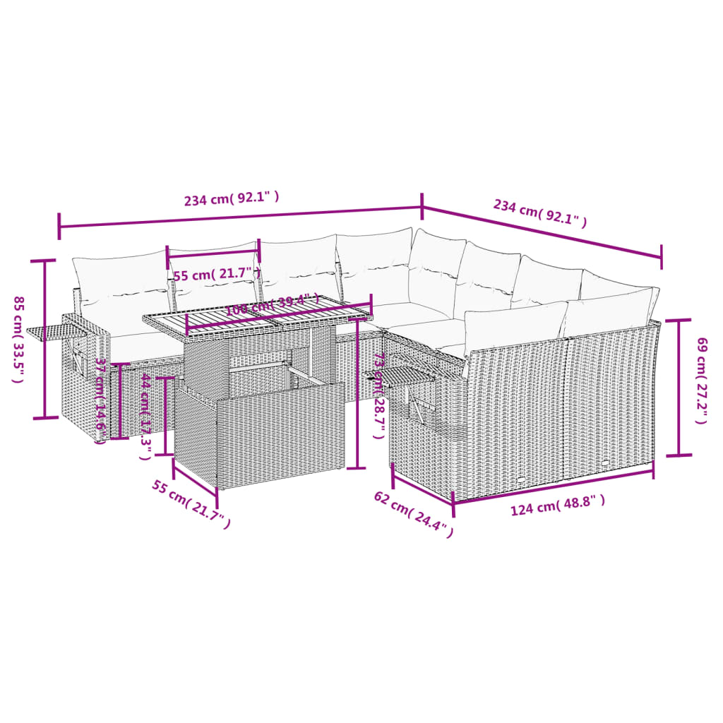 9-delige Loungeset met kussens poly rattan grijs is nu te koop bij PeponiXL, paradijselijk wonen!