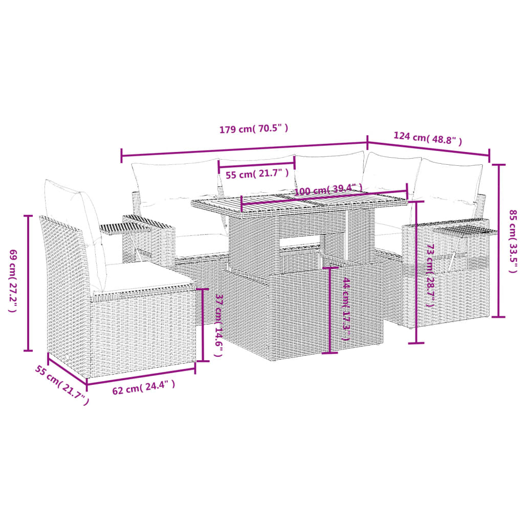 6-delige Loungeset met kussens poly rattan beige