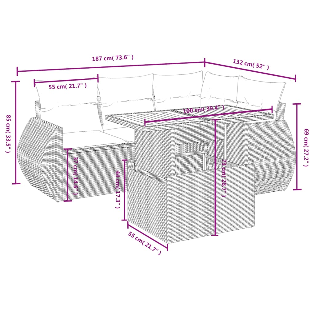 5-delige Loungeset met kussens poly rattan grijs is nu te koop bij PeponiXL, paradijselijk wonen!